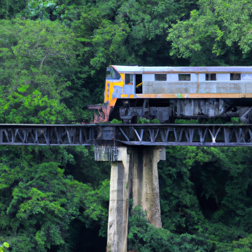 תמונה אייקונית של הגשר על נהר קוואי עם רכבת חולפת, על רקע ג'ונגל שופע.